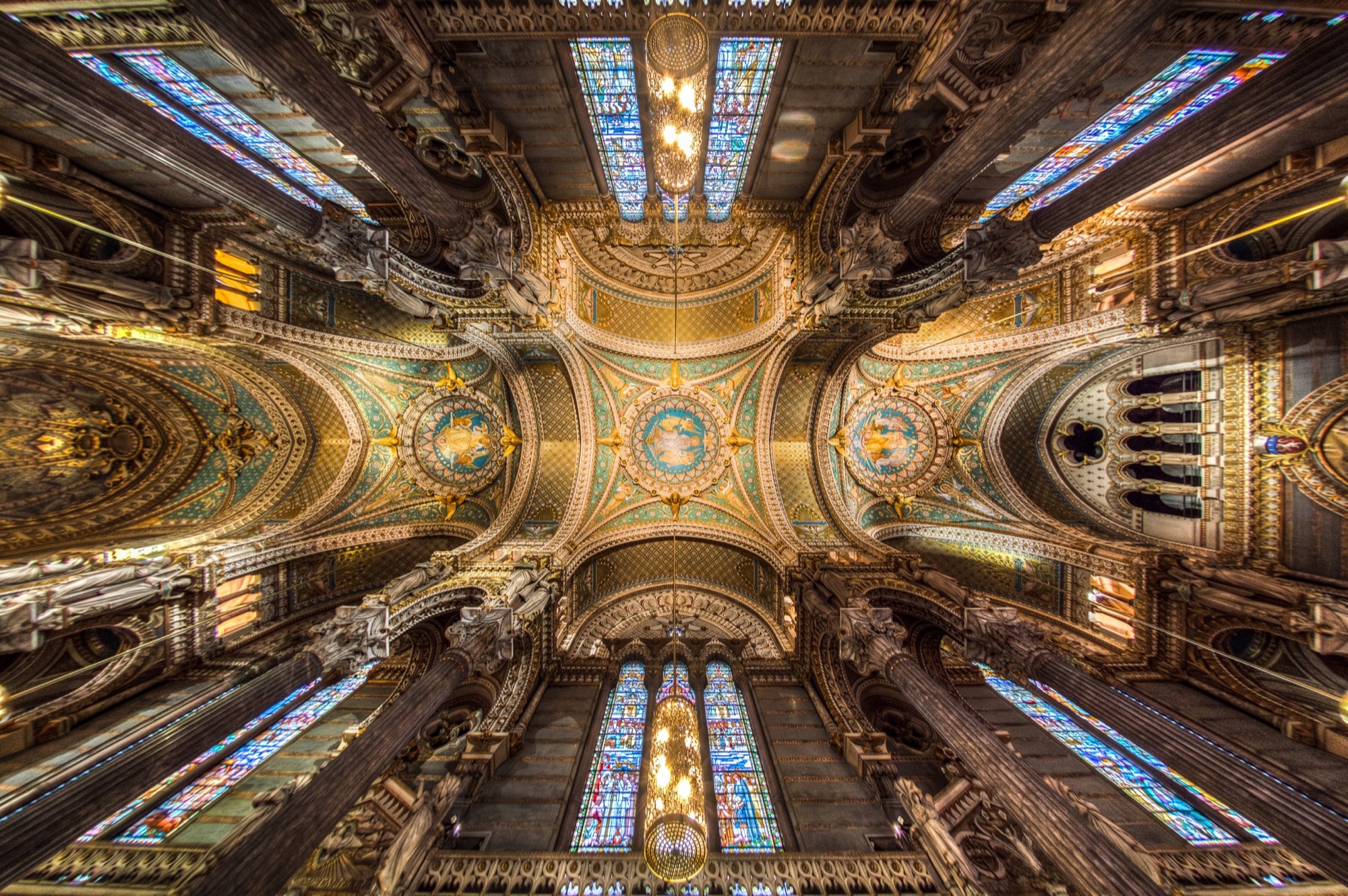 The vaults of the Basilique Notre-Dame de Fourvière, Lyon, seen from directly below.