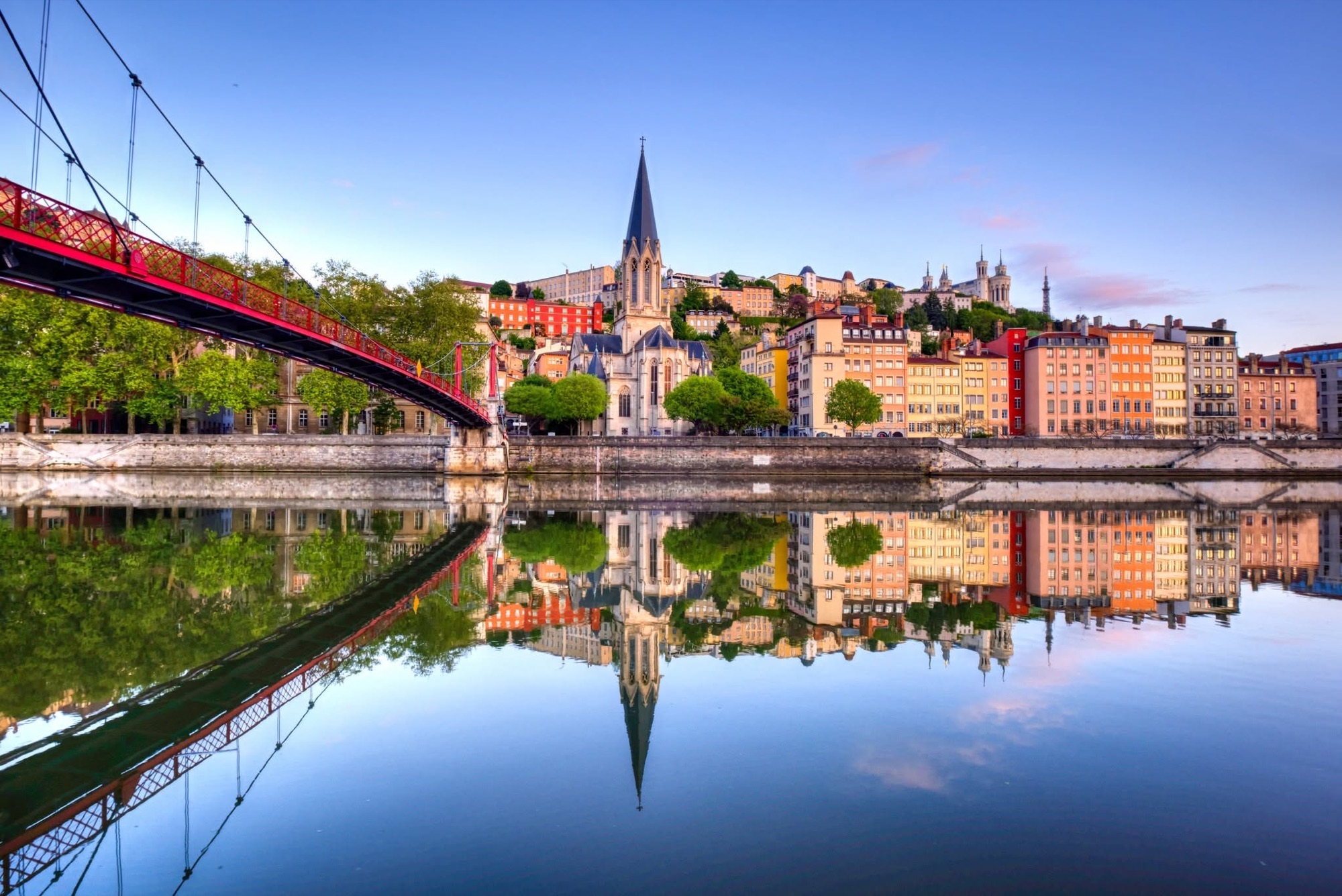 Église Saint-Georges, Passerelle Saint-Georges and Fourvière reflected in the Saône, morning