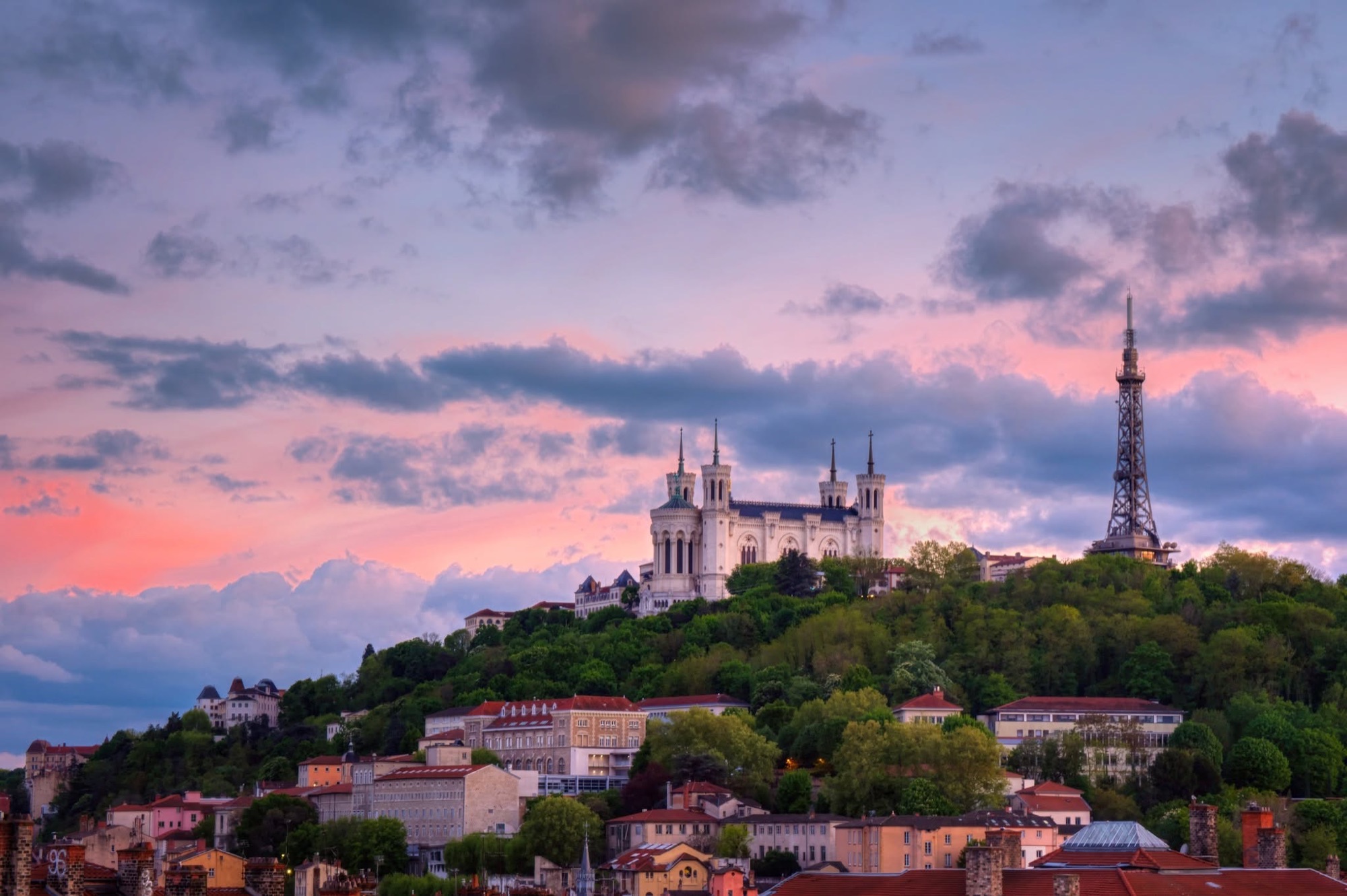 Fourvière hill with the basilica and the metallic tower at dusk