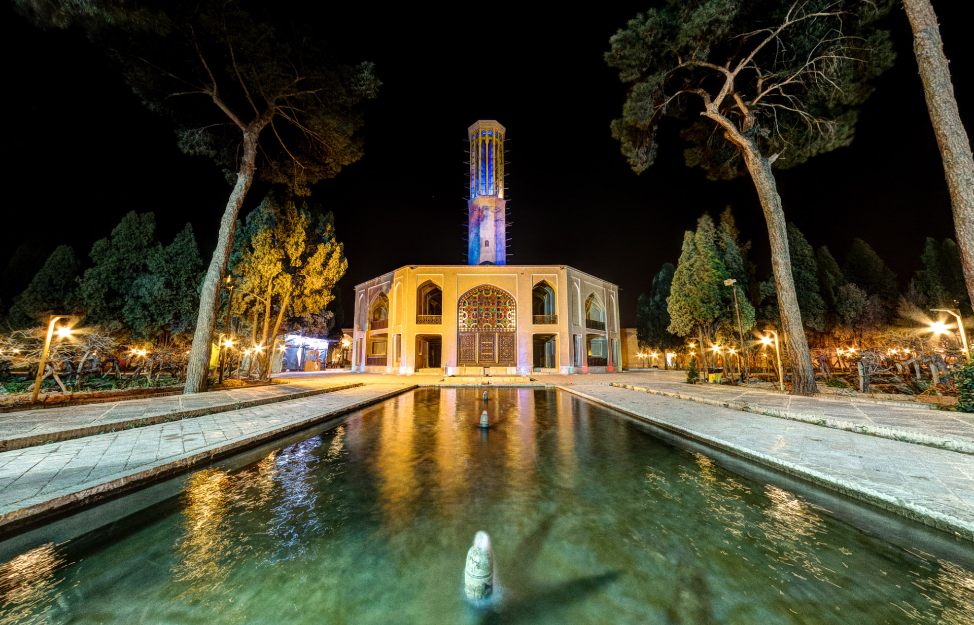 Dolat Abad Garden at night, Yazd, Iran