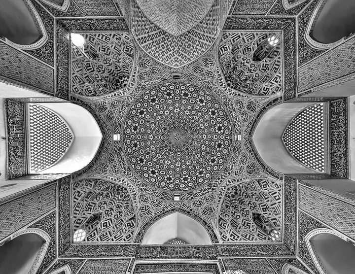 Jameh Mosque of Yazd, in black and white, Yazd, Iran — photograph by Mohammadreza Domiri Ganji